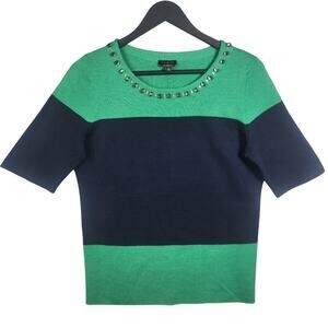 NWT Talbots Merino Wool Sweater M Colorblock Kelly Green Navy Blue Short Sleeve